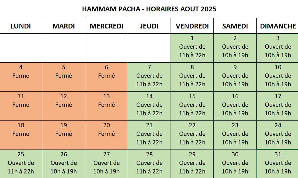 Horaires Hammam Pacha Août 2025